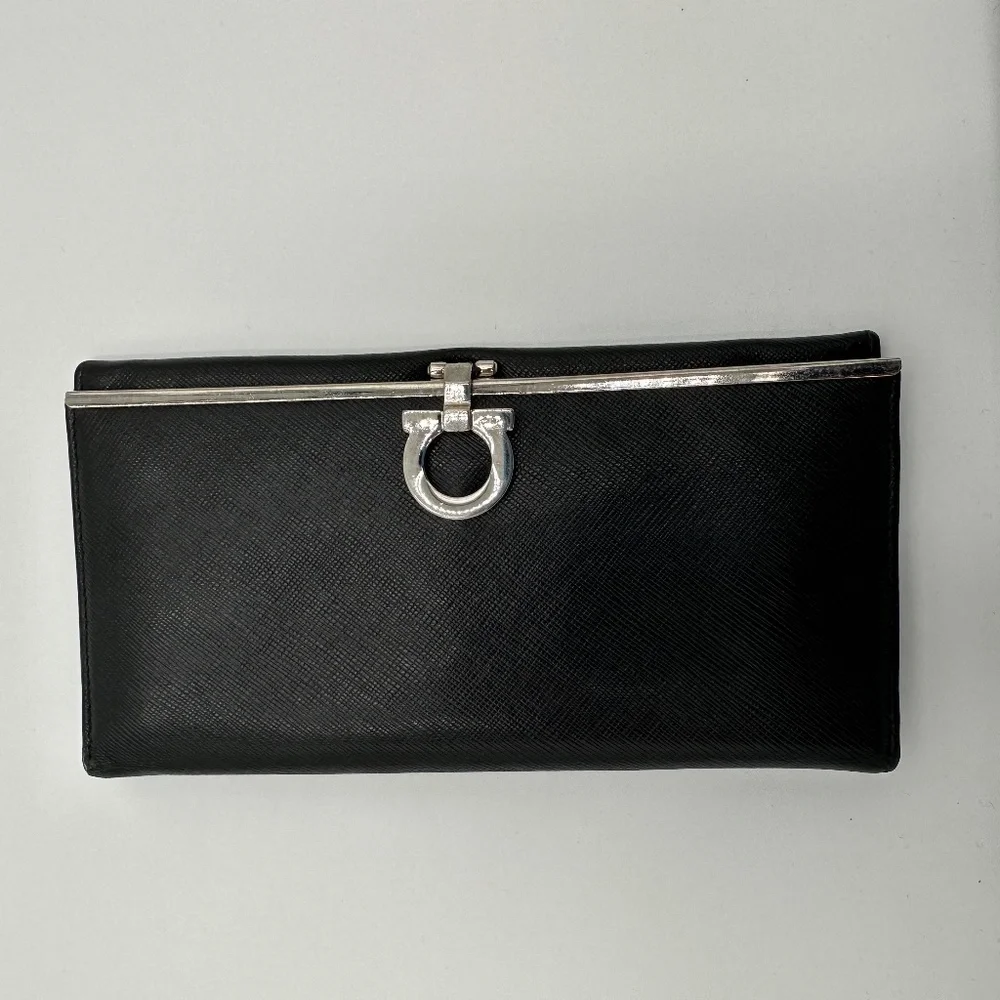Black Women's Saffiano Leather Clutch Wallet with Silver Tone Hardware